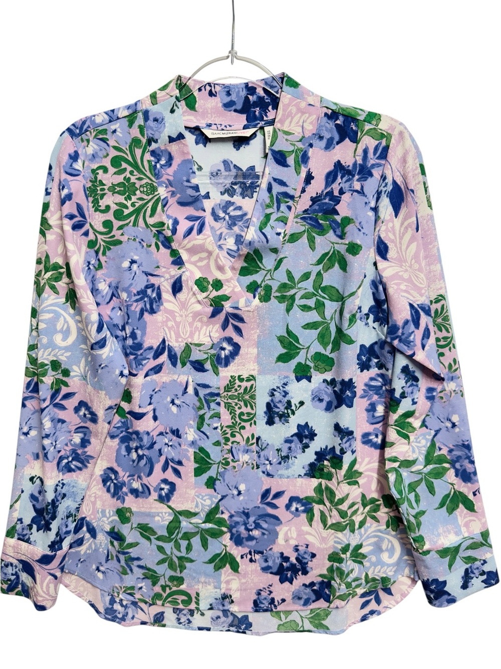 Tuxedo Silky Matte Satin Knit Floral Patchwork Vines Garden Abstract Blouse Top